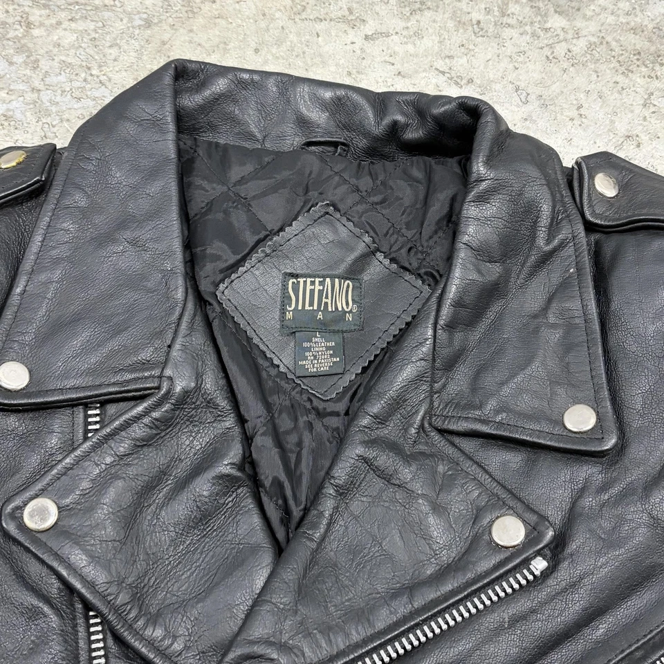 Chaqueta de cuero Stefano vintage para hombre grande negra motocicleta motociclista cinturón moto años 80 Foto 3 de 4