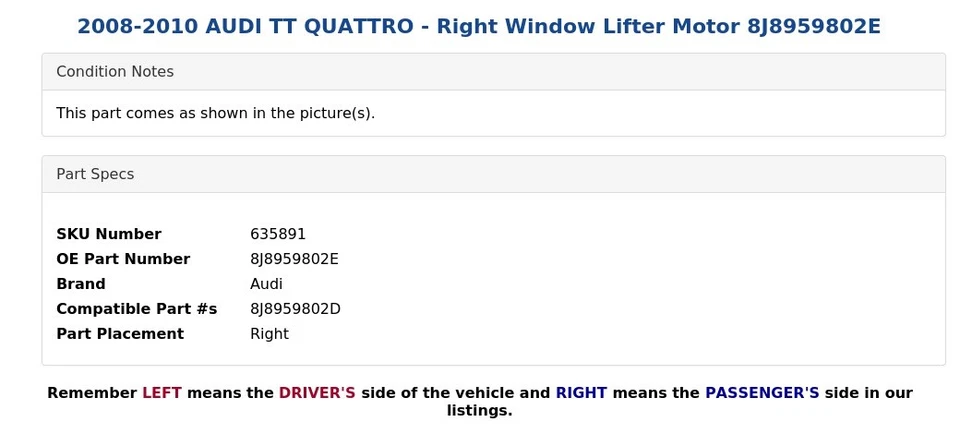 2008-2010 AUDI TT QUATTRO - правое окно подъемник двигателя 8J8959802E - Изображение 3 из 4