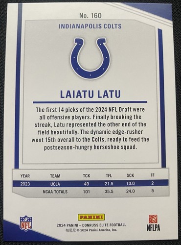 2024 Panini Donruss Elite - Rookies Laiatu Latu #160 /999 (RC) - Picture 2 of 2