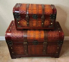 Pair Of Stackable Wood/Cane/Leather Strap Storage Trunk Chests, Iron Hardware