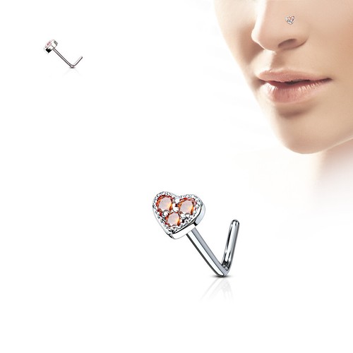 Surgical Steel CZ Gem Paved Heart L Bend 20G Nose Ring Stud Screw Piercing - Picture 3 of 8