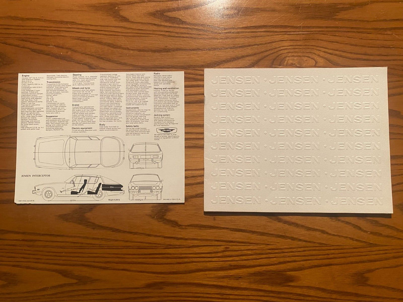 1972 Jensen Interceptor Sales Brochure - Includes specification sheet in holder