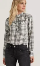 Lucky Brand Womens L Black & White Ruffled Plaid Blouse / Long Sleeve NWT