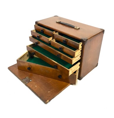 Antiker Holz Ingenieur Werkzeugkasten / Werkzeugkasten / Sammlerschrank Moore & Wright