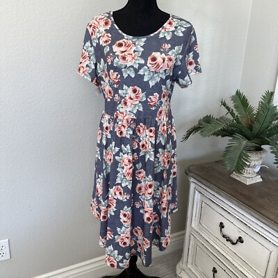 Boutique Garden Floral Print Short Sleeve Pleated Midi Dress Blue Coral Sz Large