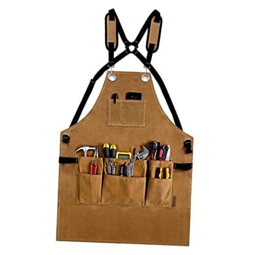 Woodworking Tool Apron, 22 OZ Waxed Canvas Durable Heavy Duty Work Shop Khaki
