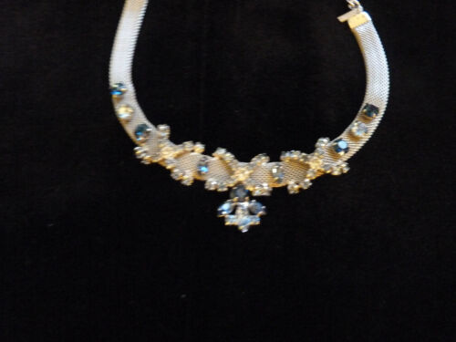 Vintage Volupte Rhinestone Jewelry Set Necklace Earrings Blue Clear Screw-Ons - Picture 3 of 11