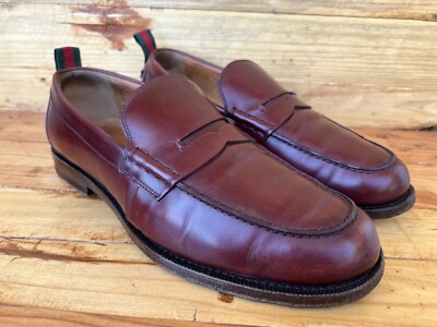Gucci Men Spirit web Penny Loafer Burgundy Leather Shoes Sz US 8 / UK 7