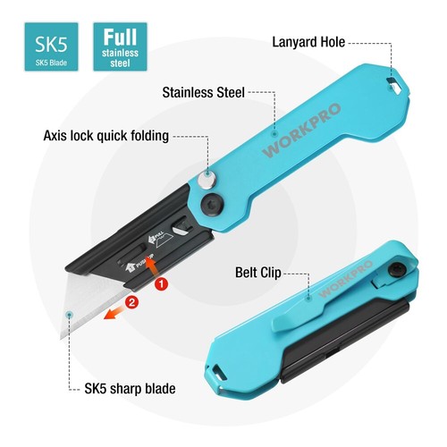 WORKPRO 2PCS Folding Utility Knife Set Quick Change Axis Lock 10PCS Extra Blades - Picture 3 of 9