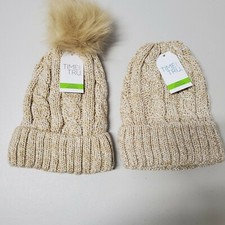 Gift Idea - 2 TIME AND TRU Cream BEANIES W/Faux Fur Linings, One W/Pom