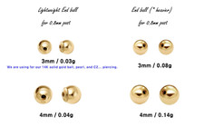 14K Solid Gold Piercing Earring Screw Ball Backing 3mm,4mm Single End Ball