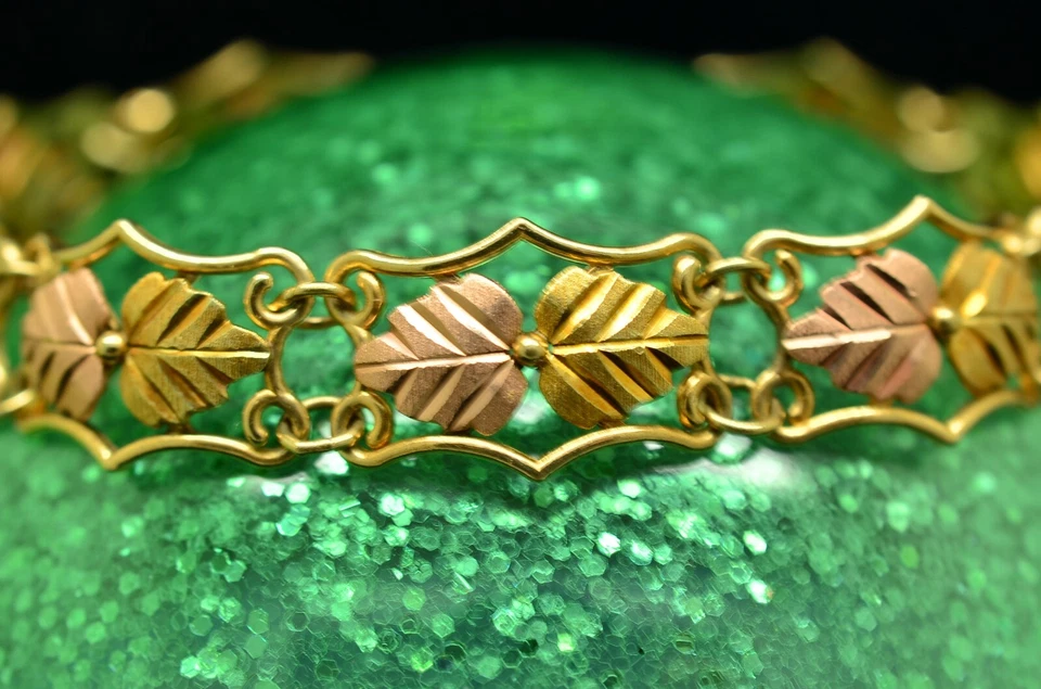 7 «10K желтое золото Black Hills золото листья цепочка браслет 11 мм 8,4 грамма - Изображение 2 из 4