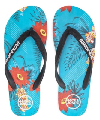 Jack & Jones flip flops with floral logo in Blue 13/14