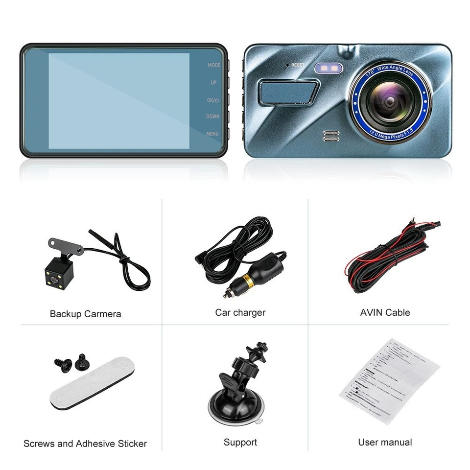 Touch Screen Dash Cam 4" 1080P Dual Lens Car DVR Recorder Front And ...