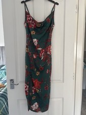 Brand New With Tags PRETTYLITTLETHING Green Floral Satin Cowl Dress - Size 4