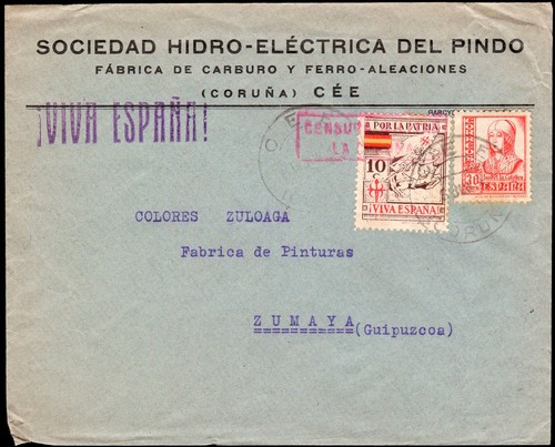 Coruña - Edi o 823+Local - Sobre Mat "Cee 16/Jun./37" + censura a Zumaya