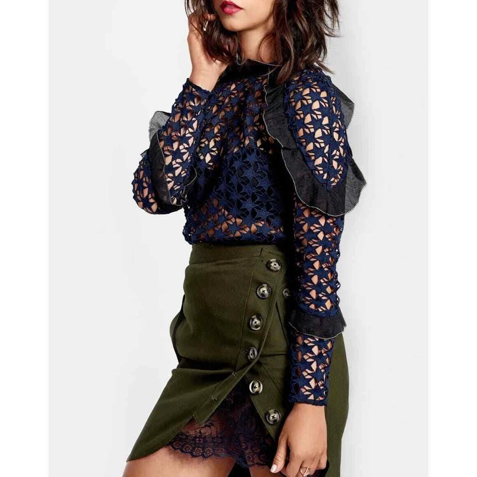 AUTORRETRATO Estrella Crochet Encaje Top Mujer Azul Marino Negro Volantes Borde Cuello Alto