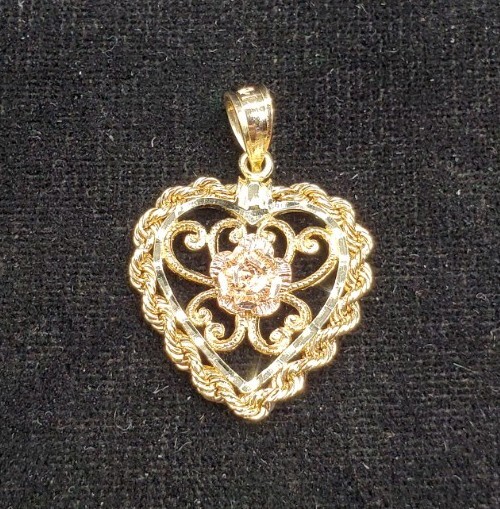 1.33g 14k Gold Heart Pendant With Rose Gold Rose,… - image 1