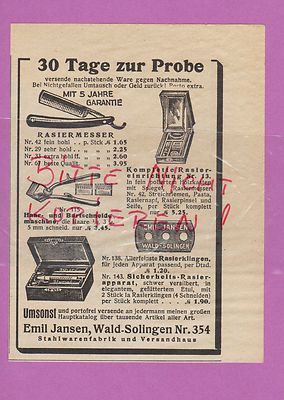 WALD-SOLINGEN, Werbung 1930, Emil Jansen Stahlwaren-Fabrik Versandhaus Rasier