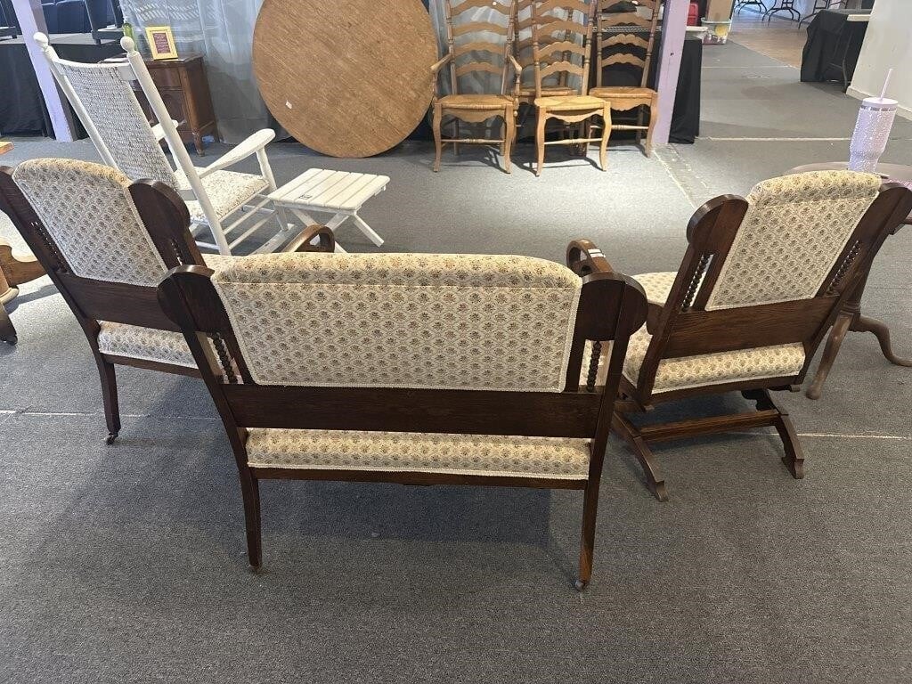 Antique Victorian Parlor Set, Walnut, Upholstery, Loveseat, Chair