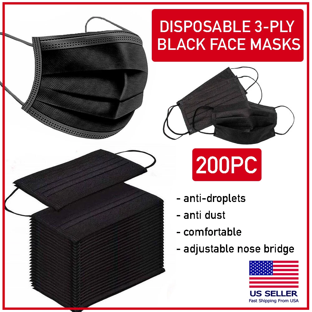 200 PCS Black Disposable Face Mask Triple Ply Ear-Loop Mouth Cover