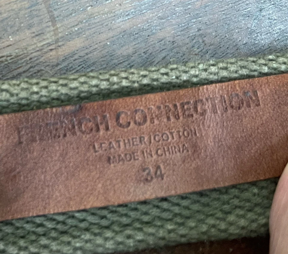 Cinturón French Connection verde oliva/caqui lona y cuero marrón ojal talla 34 Foto 4 de 4