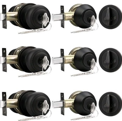 Probrico Entry Door Knob & Single Cylinder Deadbolt Set (3 Pack) Oil-Rubbed Bron