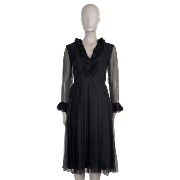 73184 Auth GUCCI Black Silk 2022 ORGANZA SLEEVE RUFFLED Dress 42 M