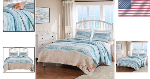 Embroidered Coastal Quilt & Sham Set in Ocean Blues - King Size Luxury - Picture 2 of 9