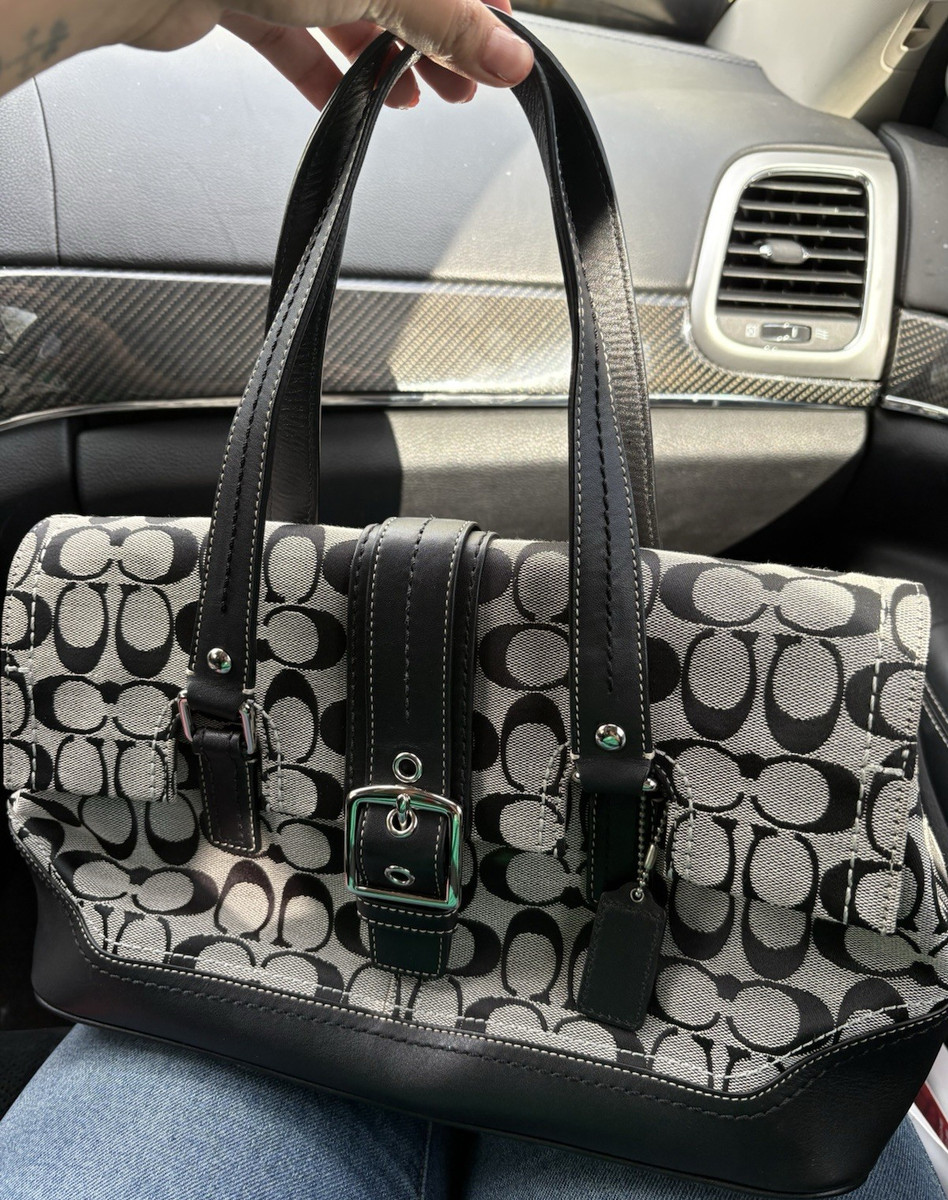 Coach Signature Logo Satchel Top Handle Bag Black Gray Zip Buckle