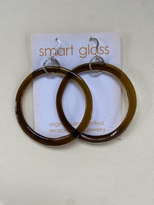Smart Glass amber brown hoop earrings 2.25'' round 3'' dangle silver hook recycled
