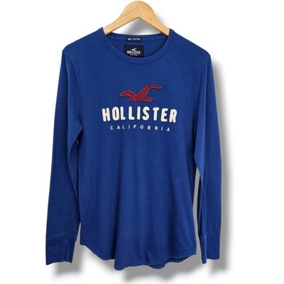 Vintage Y2K Hollister Long Sleeve T-Shirt Mens S Blue White Spellout Logo Cotton