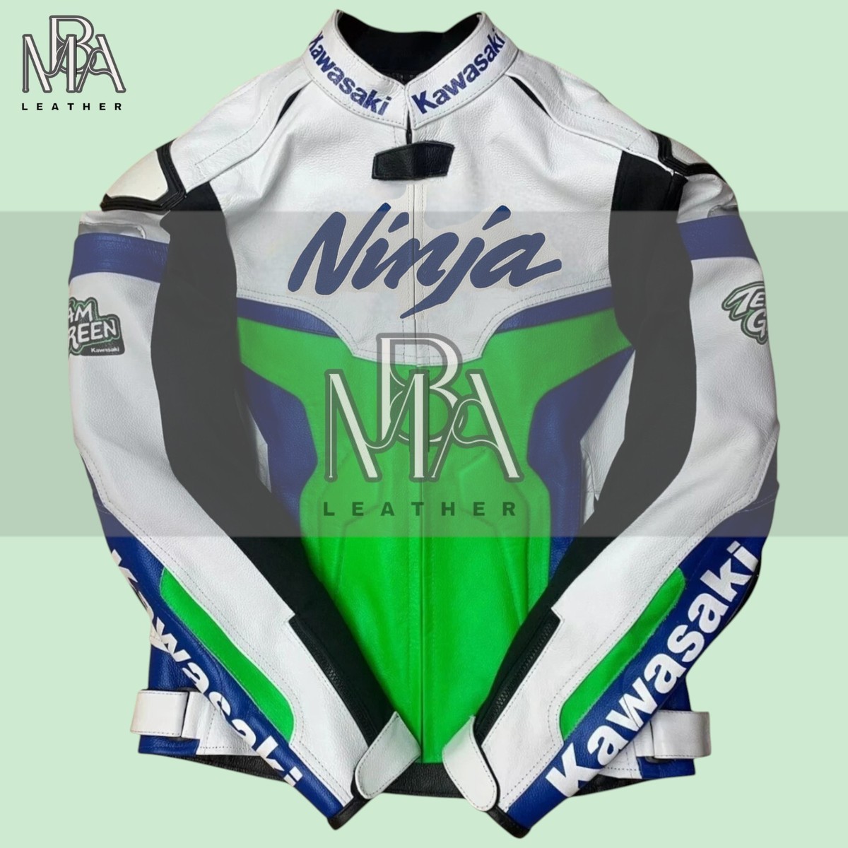 てん　ジャケット Kawasaki Ninja Blue&Green ZX10R Racing Leather Jacket Men