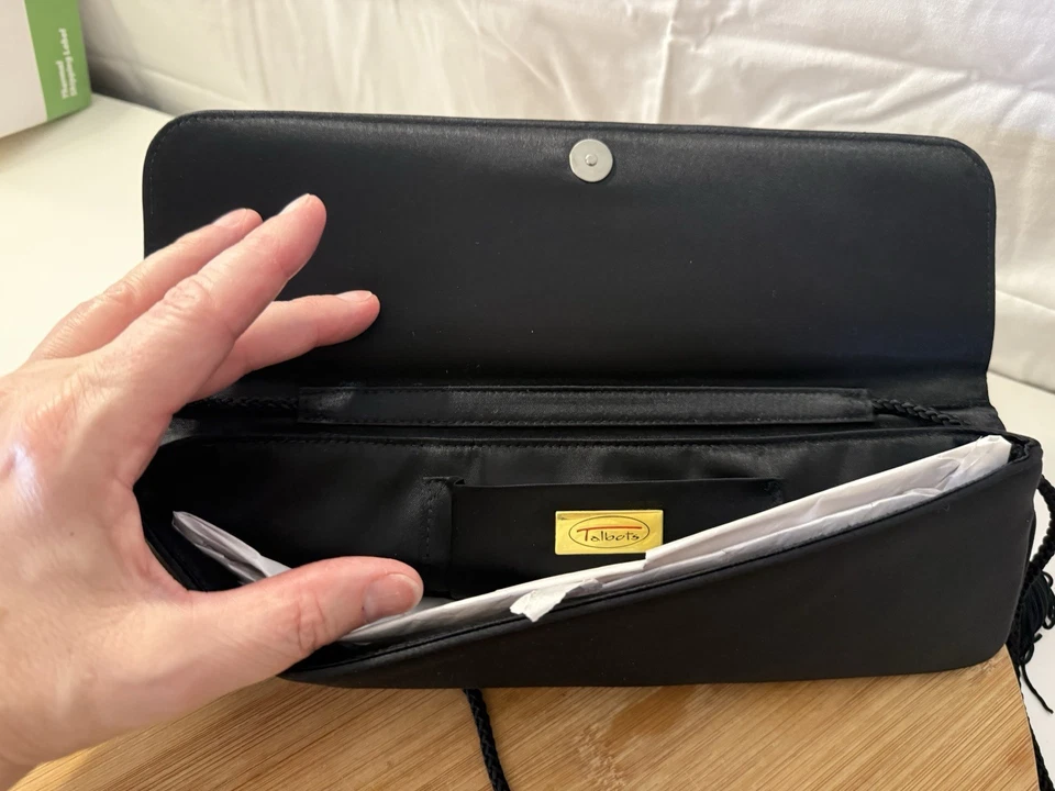 Bolso de noche Talbots satinado negro encaje soutache ribete flores nuevo Foto 4 de 4