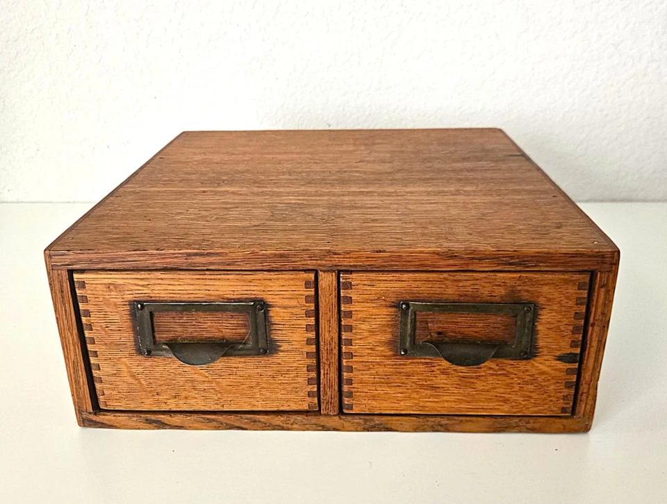 Vintage 2-Drawer Oak Library Card File Cabinet Dovetail Construction Brass Pulls - Image 2 of 4
