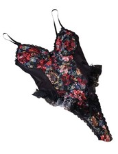 Vintage 90s Black Floral Ruffle Lace Sheer Lingerie Teddy High Cut Size Large