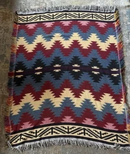 Southwestern Aztec Tribal Blanket Lap Throw Fringe 58x43 Colorful