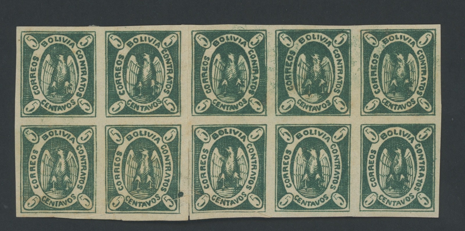 Bolivia 1867 5c mint block of ten with gum