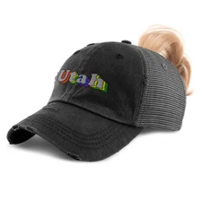 Womens Ponytail Cap Utah Style B Love Rainbow Gay Pride Distressed Trucker Hats