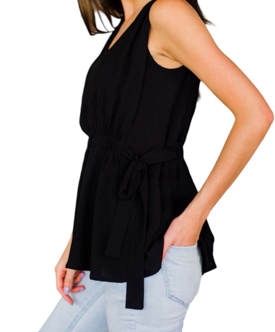 DKNY DRESSY V-NECK TANK TOP SIDES TIES ELASTIC WAIST SLEEVELESS BLACK SIZE S **