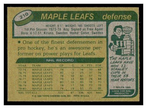 1980 Topps Hockey #210 Borje Salming 125E-01 - Imagen 2 de 2