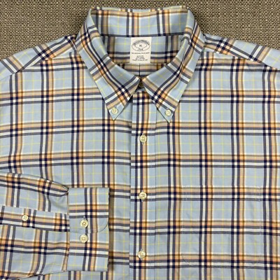 Brooks Brothers Men's Shirt XL Long Sleeve Blue Brown Plaid Slim Fit All Cotton