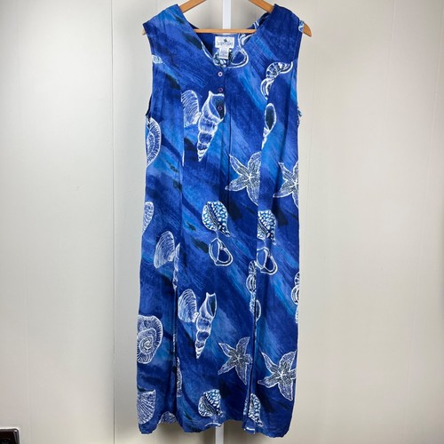 Vintage Desert Jems Kleid Damen XL blau Muschel Print Resort Sommer Kreuzfahrt