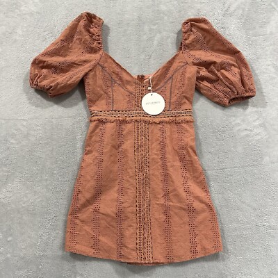 Esther & Co. Dress Women's Large Midi Orange Boho Gwen Rose Balloon Shoulder