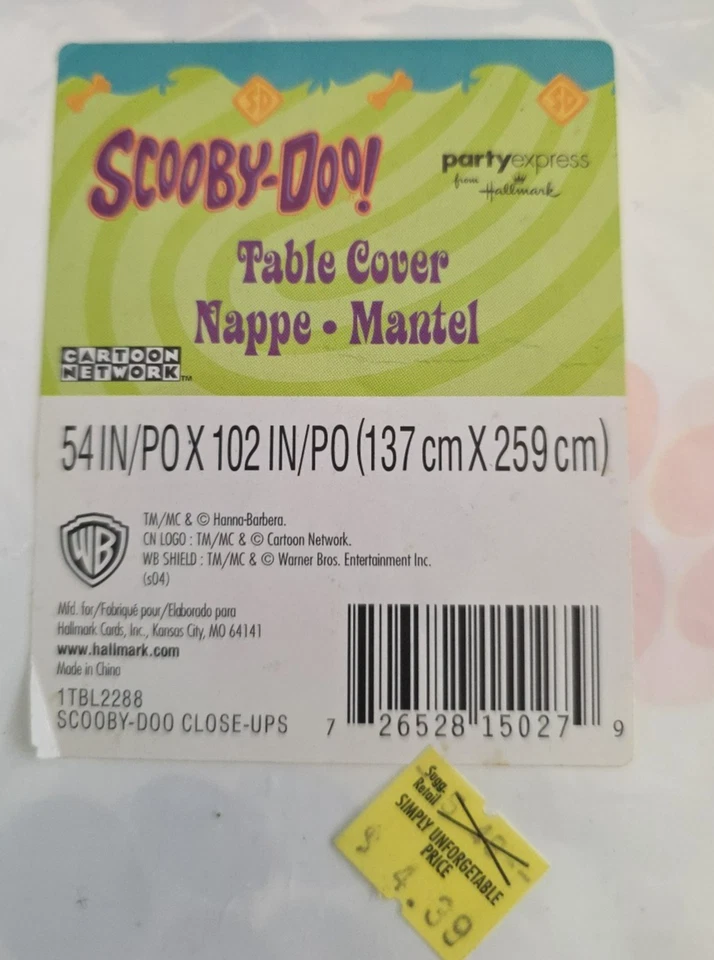 SCOOBY DOO 塑料桌套 54 英寸 x 102 英寸全新带包装标志 — 第 3/3 张图片