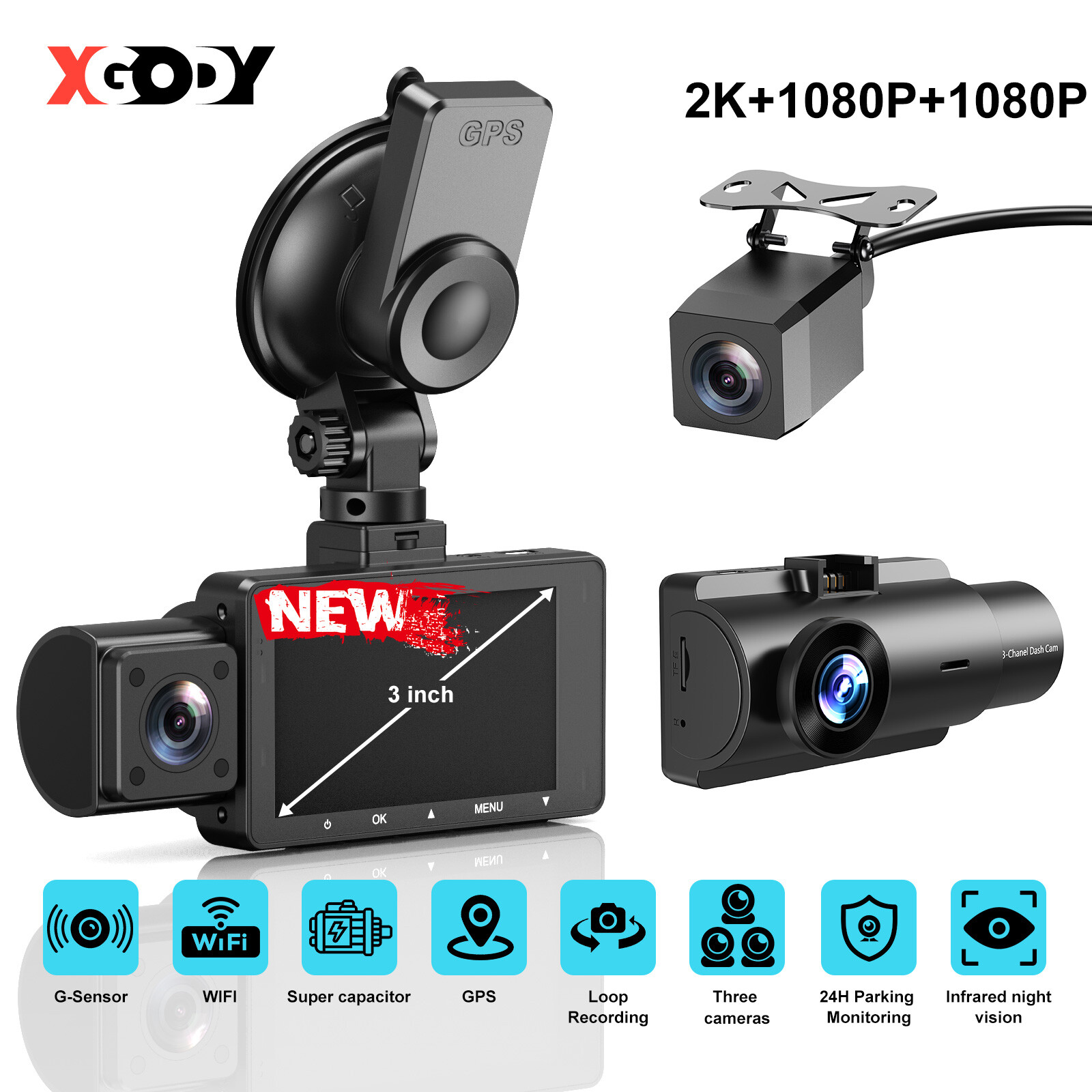 XGODY 3 Inch 2K HD GPS Dash Cam with G-Sensor and Navigation
