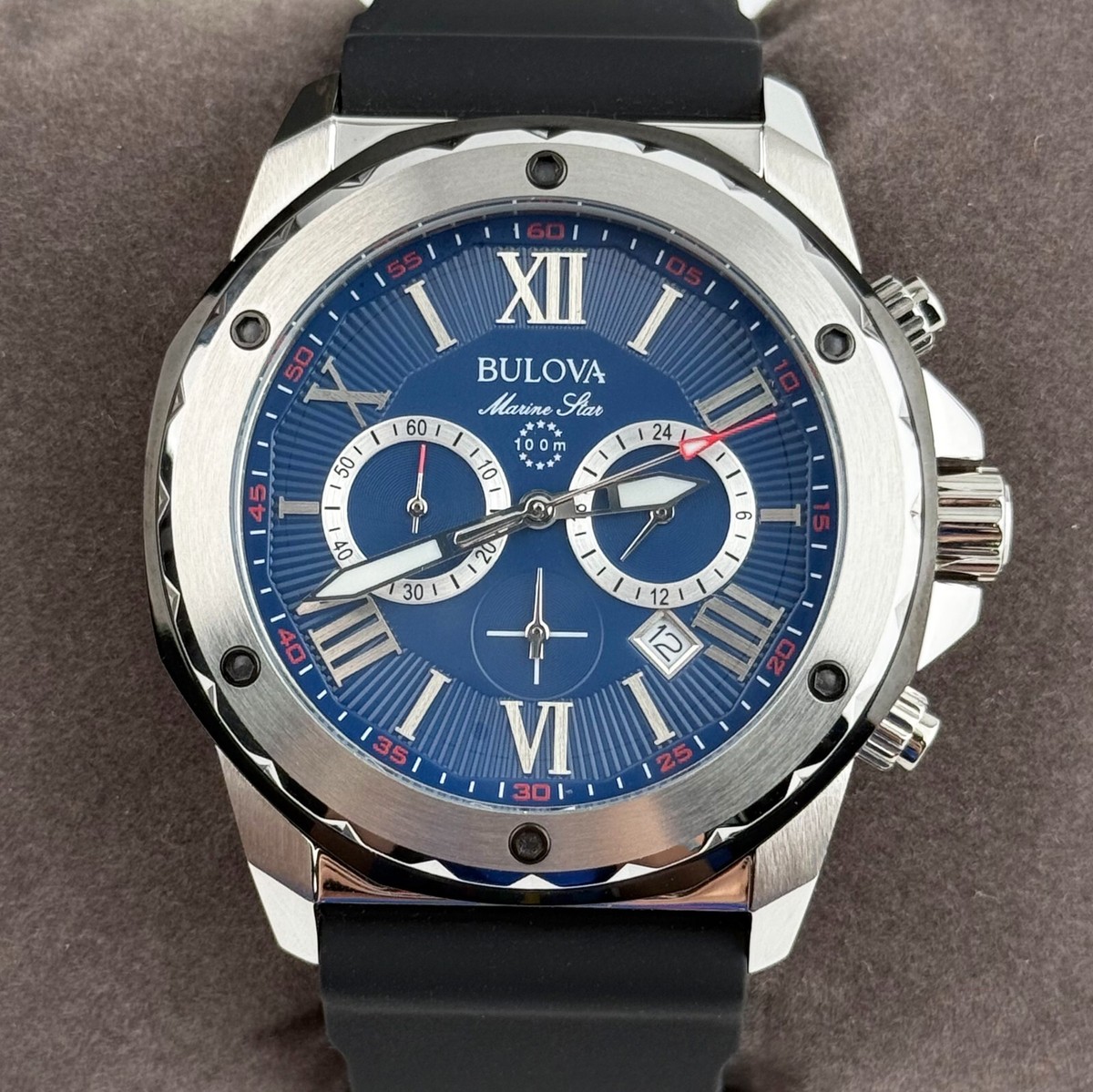 Bulova Marine Star 44MM Blue Dial Black Rubber Strap Men's