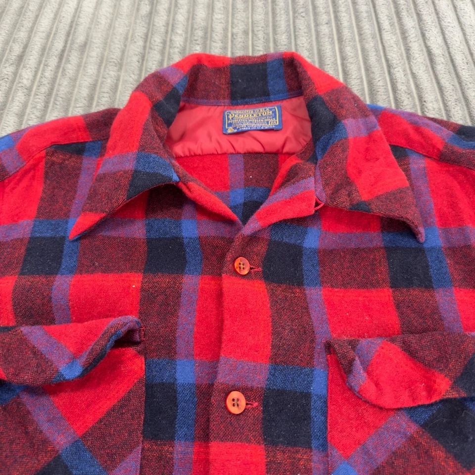 Camisa Pendleton De Colección Para Hombres M Roja Azul Lana Virgen Cuadros Años 70 Abotonada ENGUSTIADA Foto 2 de 4