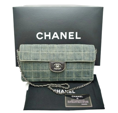 CHANEL Chocolate Bar Blue Denim Turnlock CC Logo Chain Shoulder