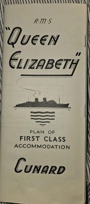RMS QUEEN MARY PLAN OF FIRST CLASS ACCOMMODATION TRIFOLD BROCHURE June 1957